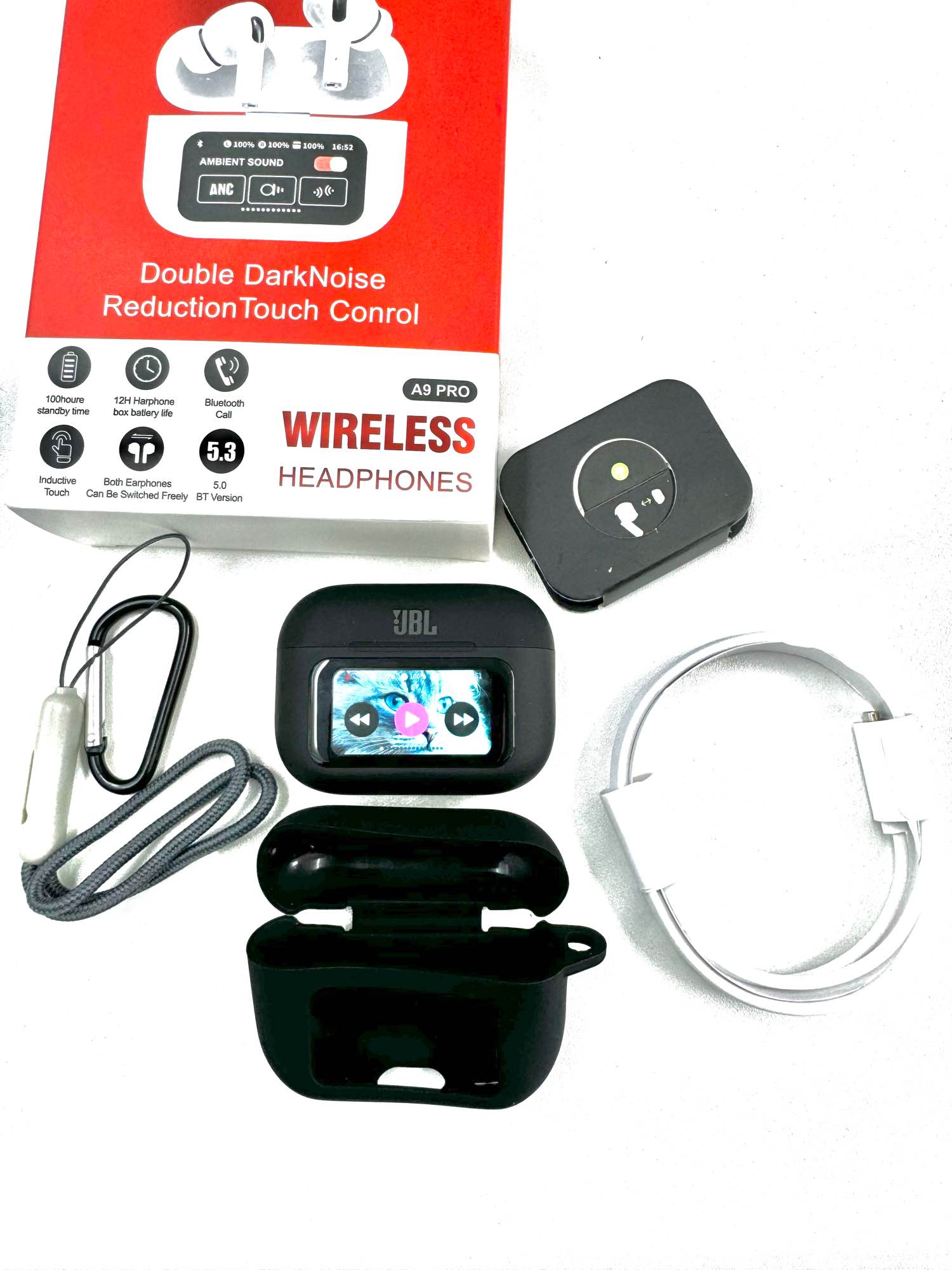 2024 Newest Design JBL A9 Pro Color LED Touch Screen Noise Cancelling BT Long Battery Life ENC Earbuds with Waterproof Wireless AirPods